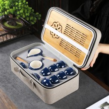 霽藍雙側把壺旅行茶具套裝茶盤便攜家用茶壺戶外辦公陶瓷