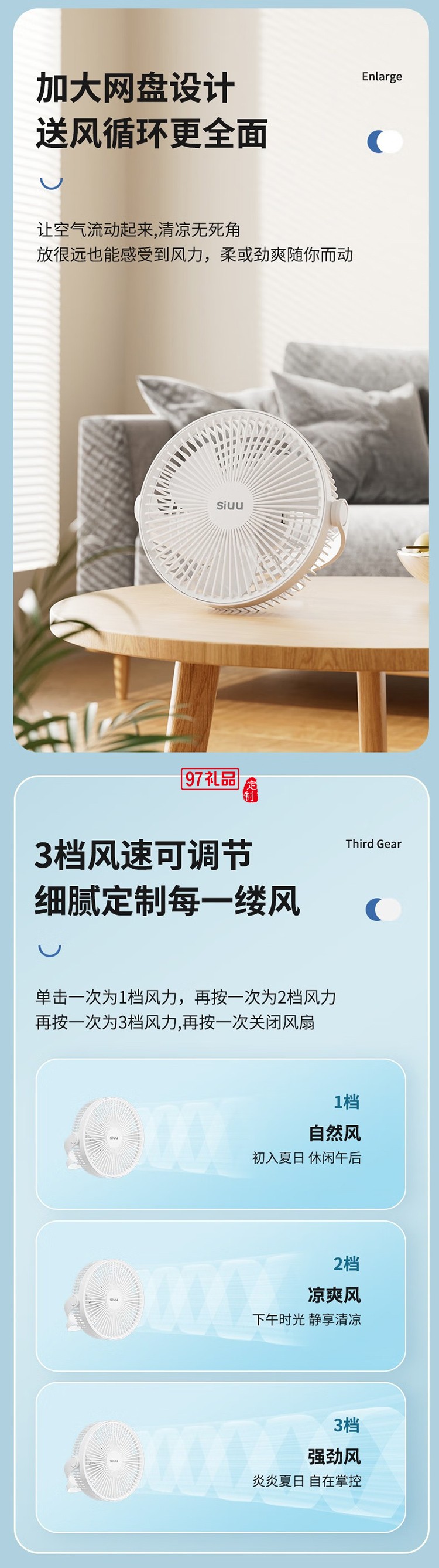 西佑西佑SIUU臺吊壁掛多用蓄電款USB電風扇 白色